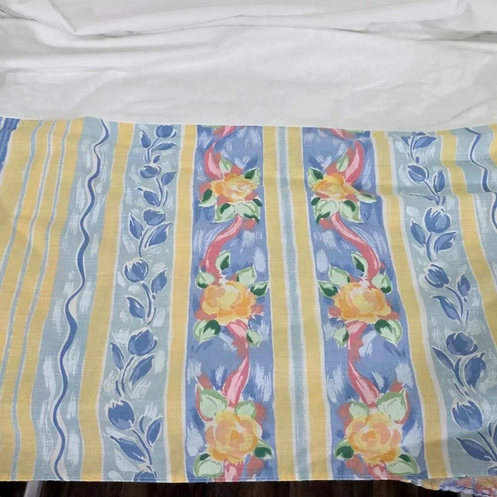 Vintage Croscill Fiesta Bed Skirt Queen Size Floral Striped Yellow Blue Roses